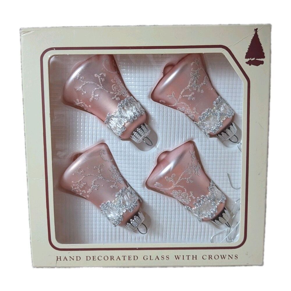 Vintage Germany CHRISTMAS BY KREBS BOXED BELL GLASS ORNAMENTS Pink Glitter 4 Pcs